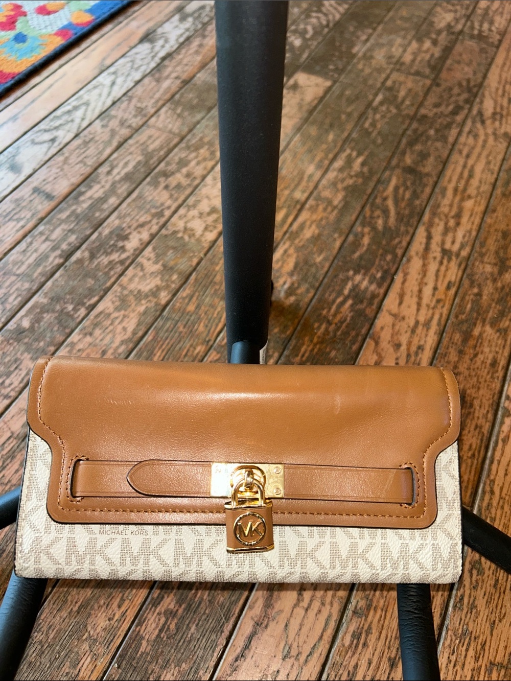 Michael Kors Tan Leather and Beige Signature Clutch with Gold Hardware